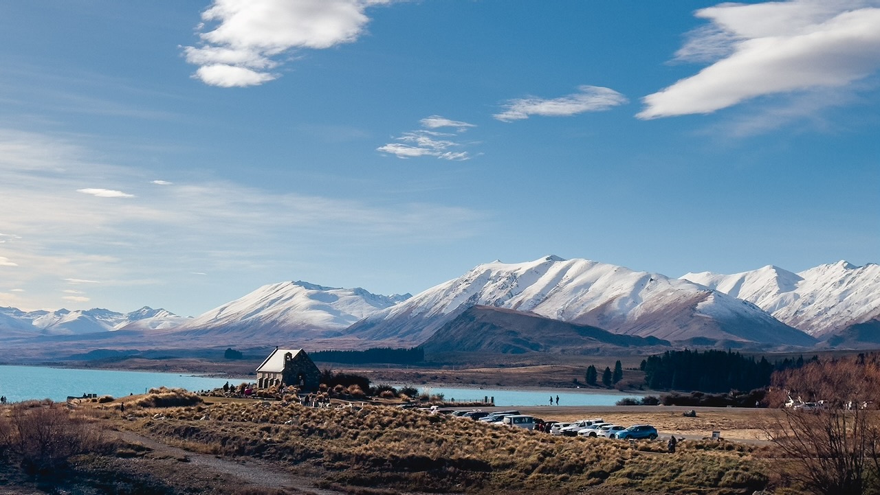 Panoramic view of The Church of the Good Shepherd on the shores of Lake Tekapo