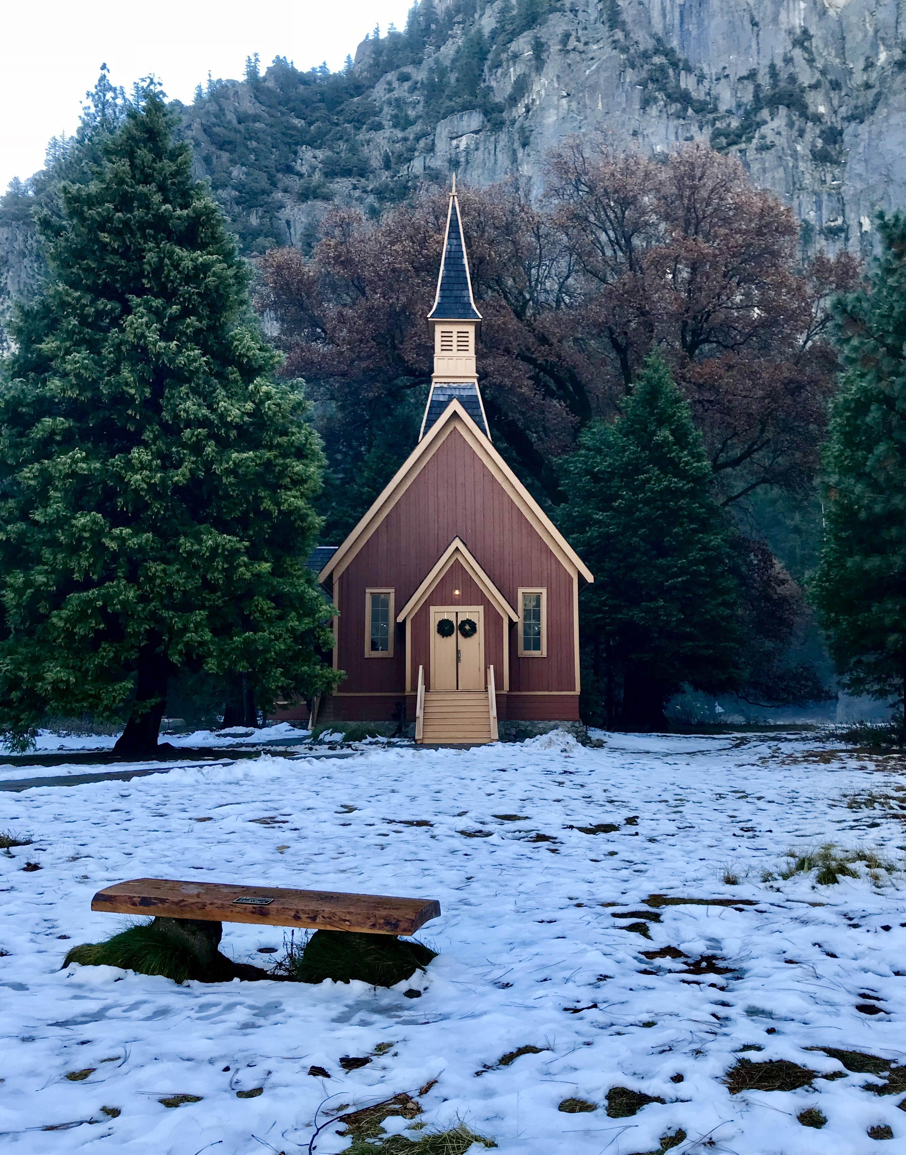 A lone church at Yosemite National Park on a snowy December day